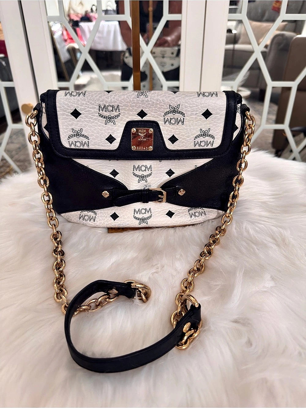 MCM Patricia Visetos Colorblock Flap Shoulder Bag White & Black